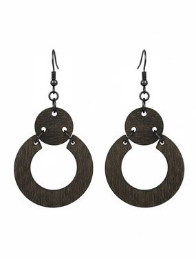 Dark grey Wooden Double Hoop Drop Earrings